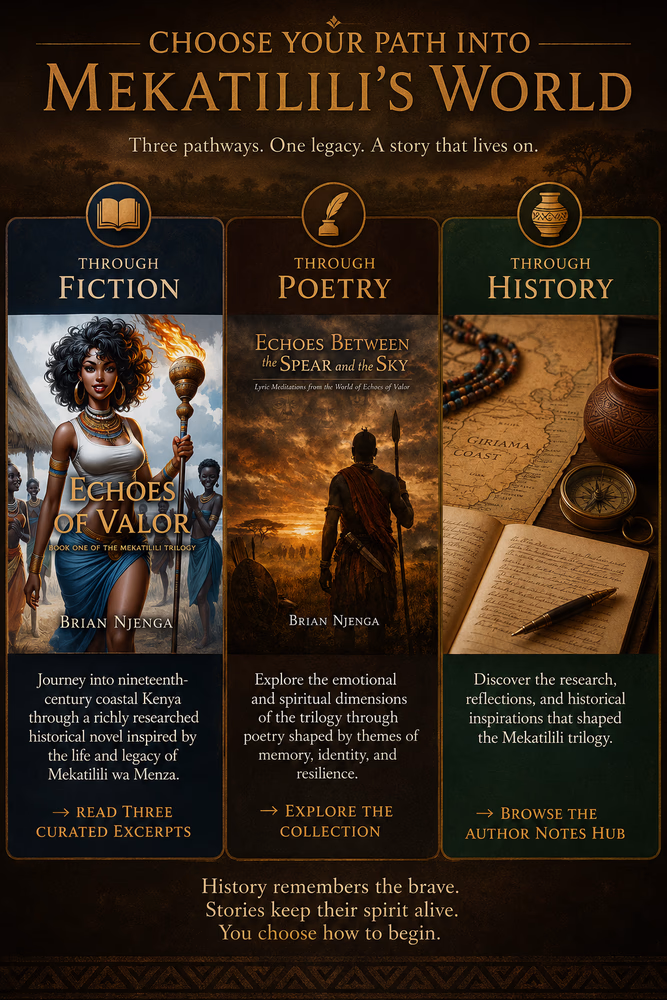 Promotional panel featuring Echoes of Valor, Echoes Between Spear & Sky, and Mekatilili author notes.
