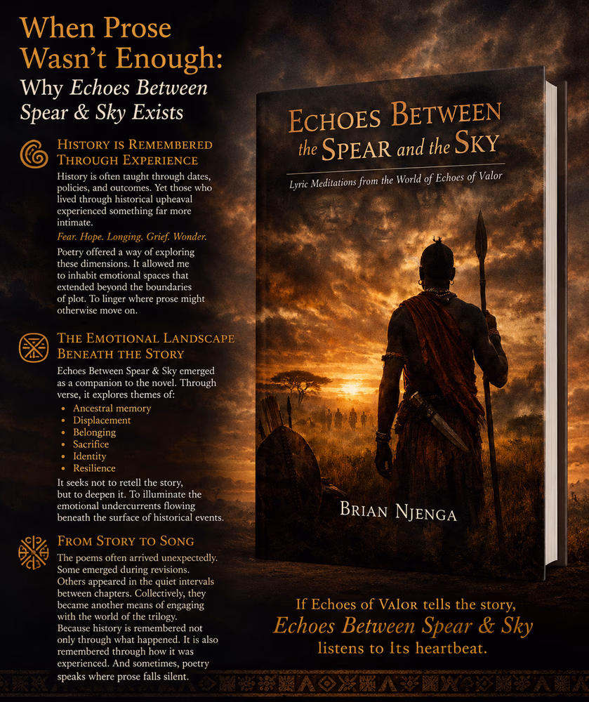 Echoes Between Spear & Sky cover accompanies reflections on poetry, memory, and the emotional truths of history.