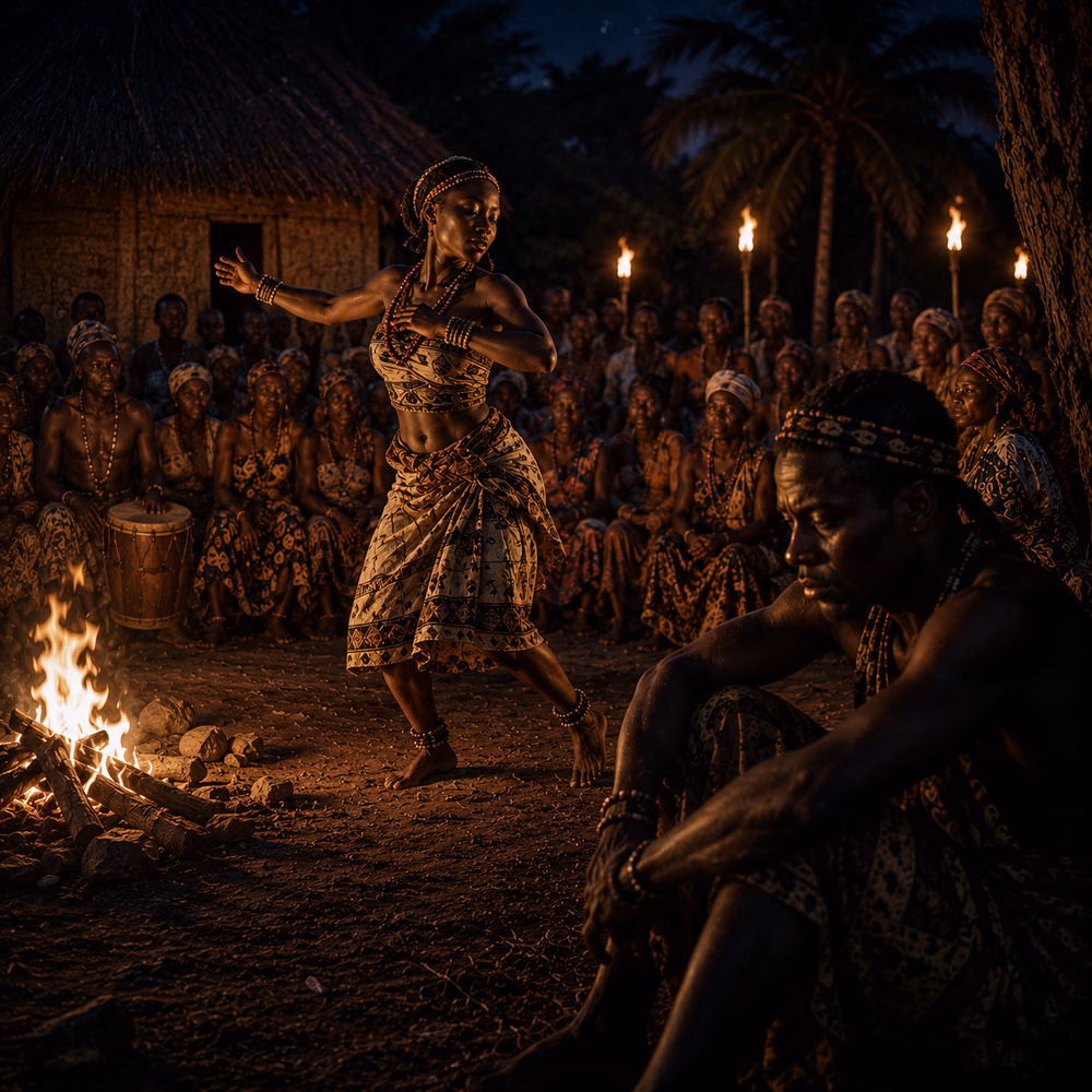 Young Mnyazi performs Kifudu beside a village fire as grieving Dyeka watches, witnessing courage emerge from loss.
