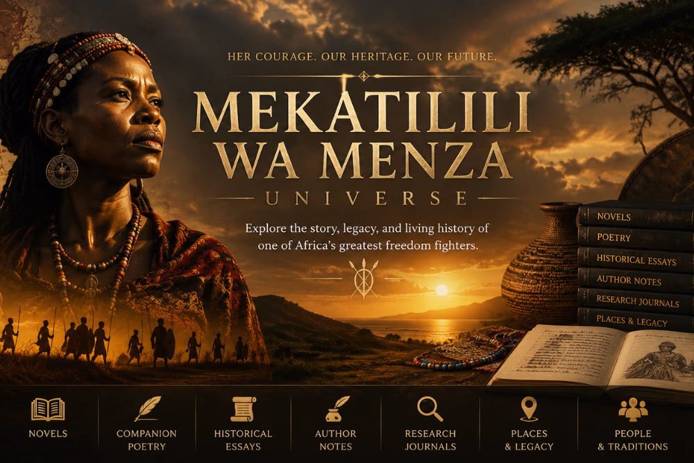 Mekatilili wa Menza Universe hero banner featuring African heritage, historical fiction, research, and Giriama cultural legacy.