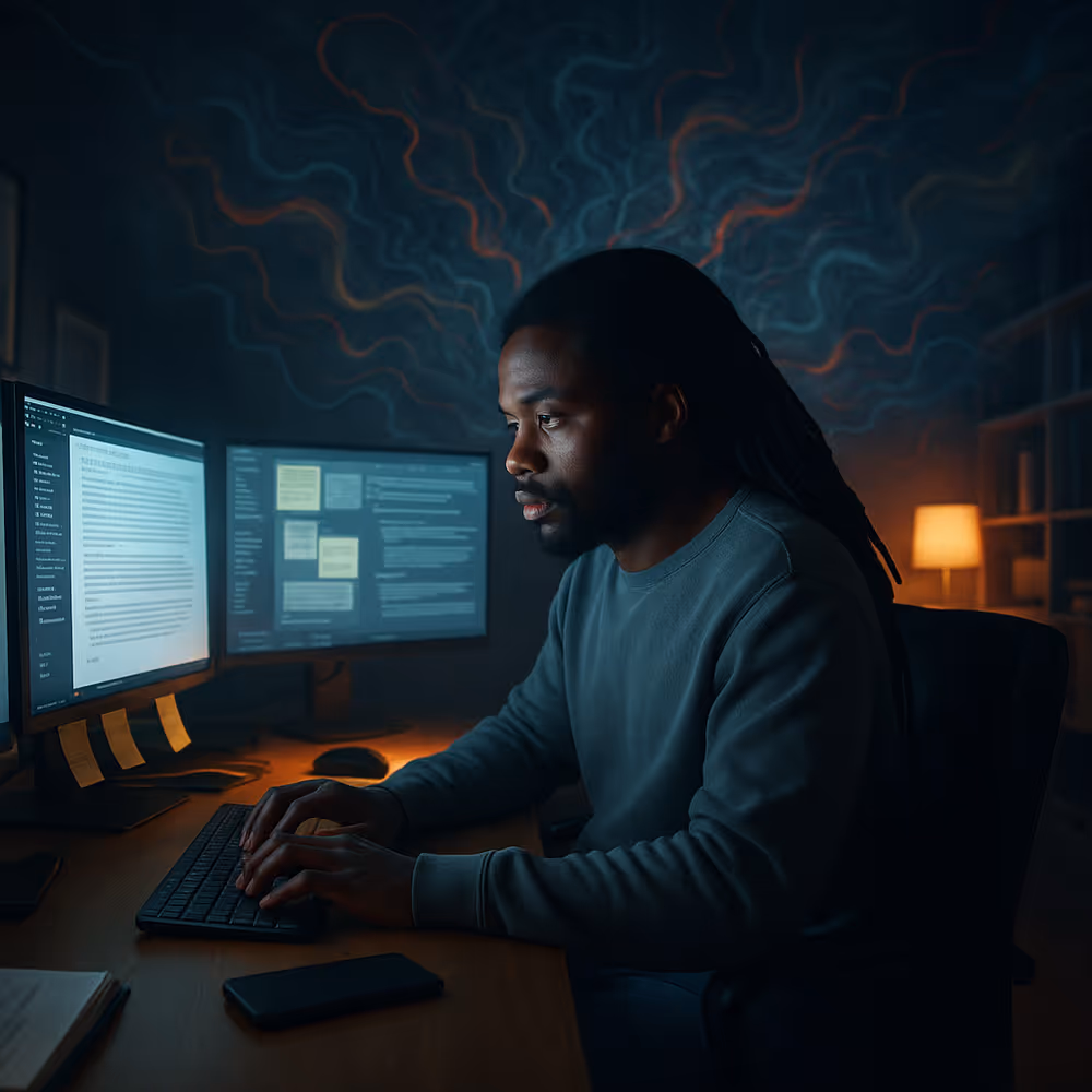 Neurodivergent creator working late at a calm, low-clutter desk—symbolizing focus, structure, and sensory-kind workflow.