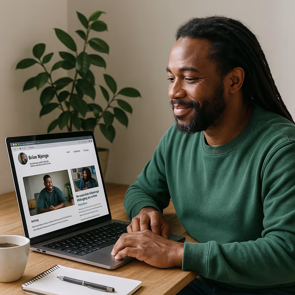 Author smiling at laptop with briannjenga.co.ke open—human, hopeful framing of lived-experience marketing.