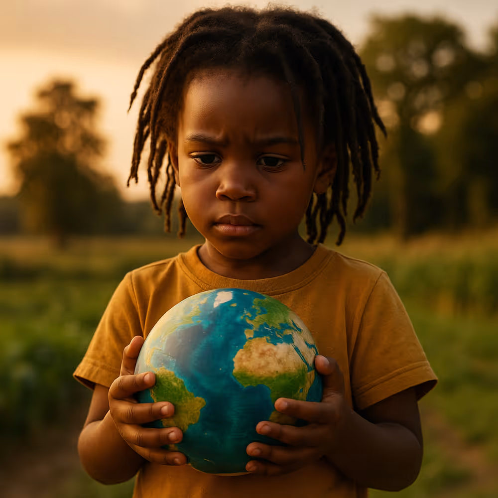 A young African girl with dreadlocks standing outdoors at sunset, holding a globe in her hands with a solemn expression, symbolizing the urgent choice between planetary collapse and a sustainable, hopeful future.