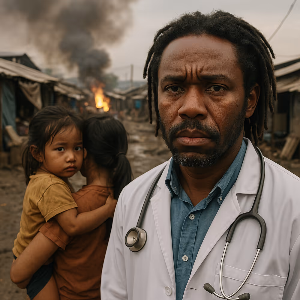 A young African doctor in a white lab coat with a stethoscope, standing in a makeshift settlement with smoke rising in the background, while a woman holds a tired child, symbolizing the public health risks of a warming world.