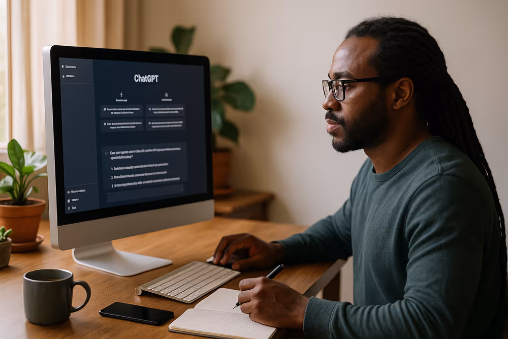 Black professional working at a desk with AI-powered tools, symbolizing human-AI collaboration in remote work.