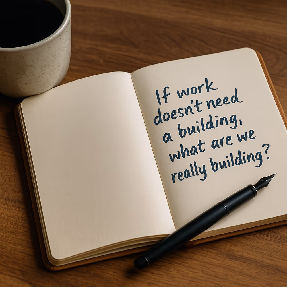 Notebook with handwritten question 'If work doesn’t need a building, what are we really building?' on a wooden desk.