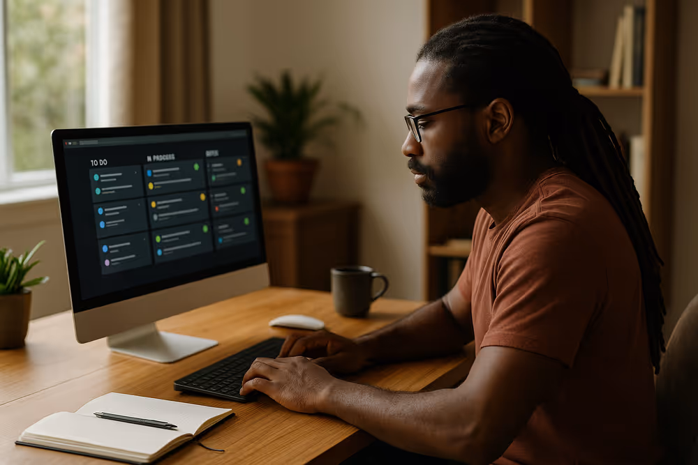 Man with dreadlocks and glasses focused on deep work at his desktop computer with productivity apps open.