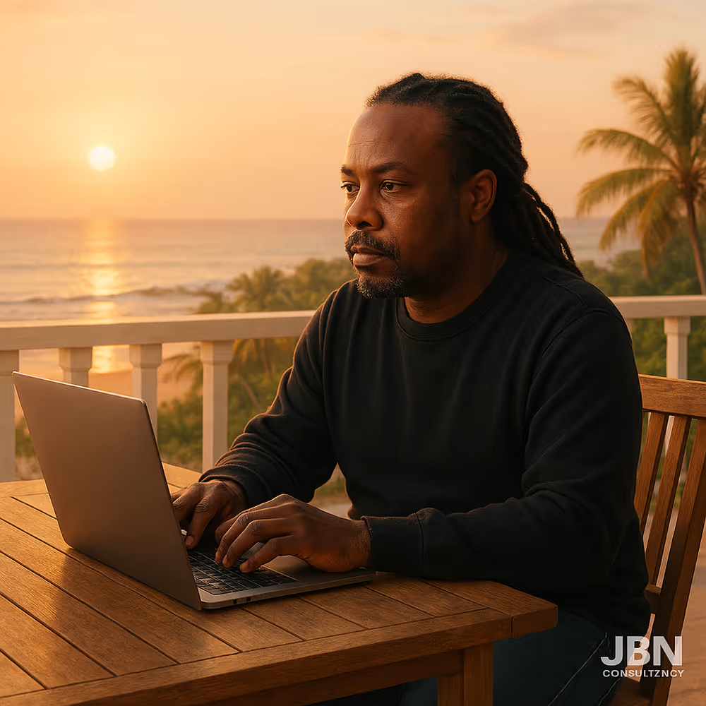 Man working on a laptop on a balcony overlooking the beach at sunrise, symbolizing balanced, spacious work.