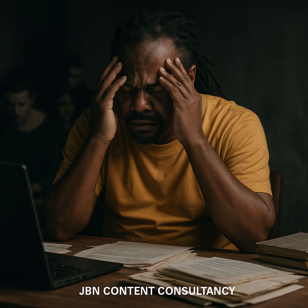 A dreadlocked Black man in a yellow T-shirt at a cluttered desk under harsh light, rubbing his temples in exhaustion.