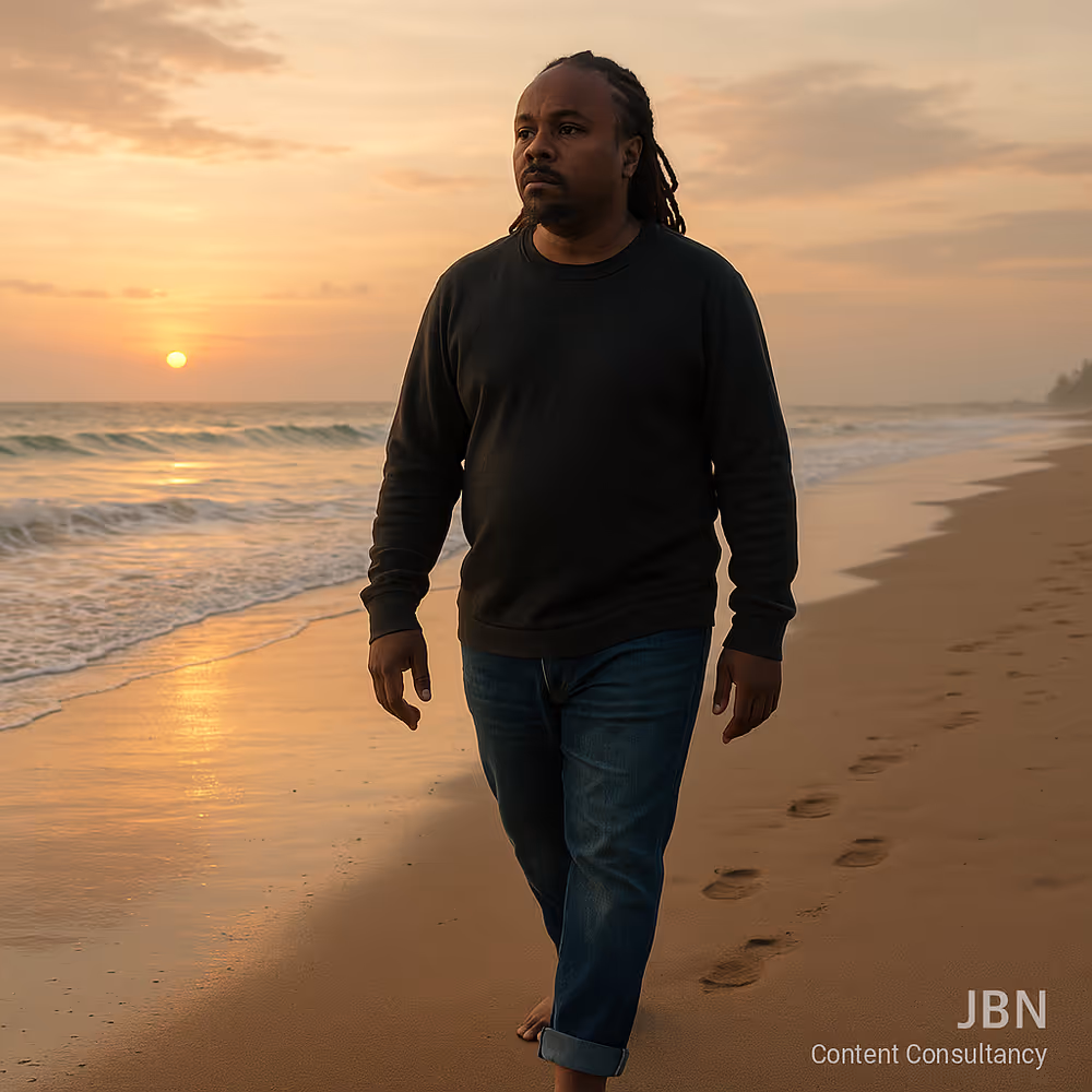 Black man walking barefoot along the Mombasa shoreline at sunrise, suggesting recovery and reflective rest.