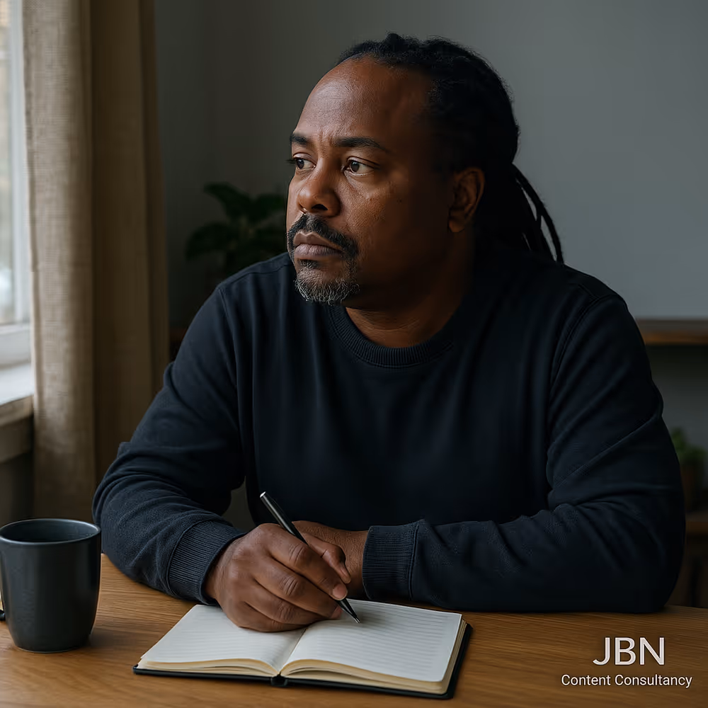 Contemplative Black man with dreadlocks journaling at a wooden desk near a window.