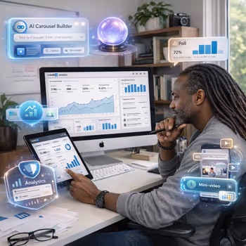 Futuristic LinkedIn analytics interface showing AI-assisted carousel tools and predictive metrics for creators.
