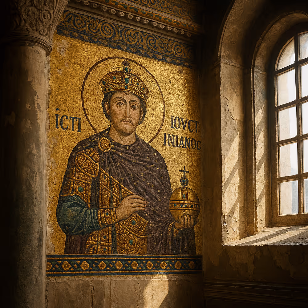 Byzantine emperor in ceremonial regalia depicted in mosaic, illustrating ritual as political performance.
