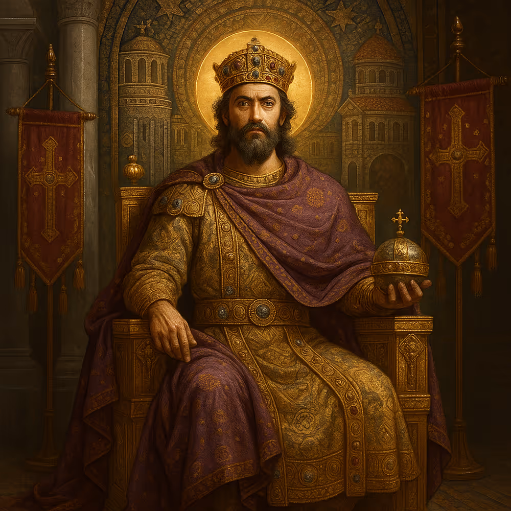 Byzantine emperor on a gem-studded throne beneath gold mosaics—divine right and spectacle.