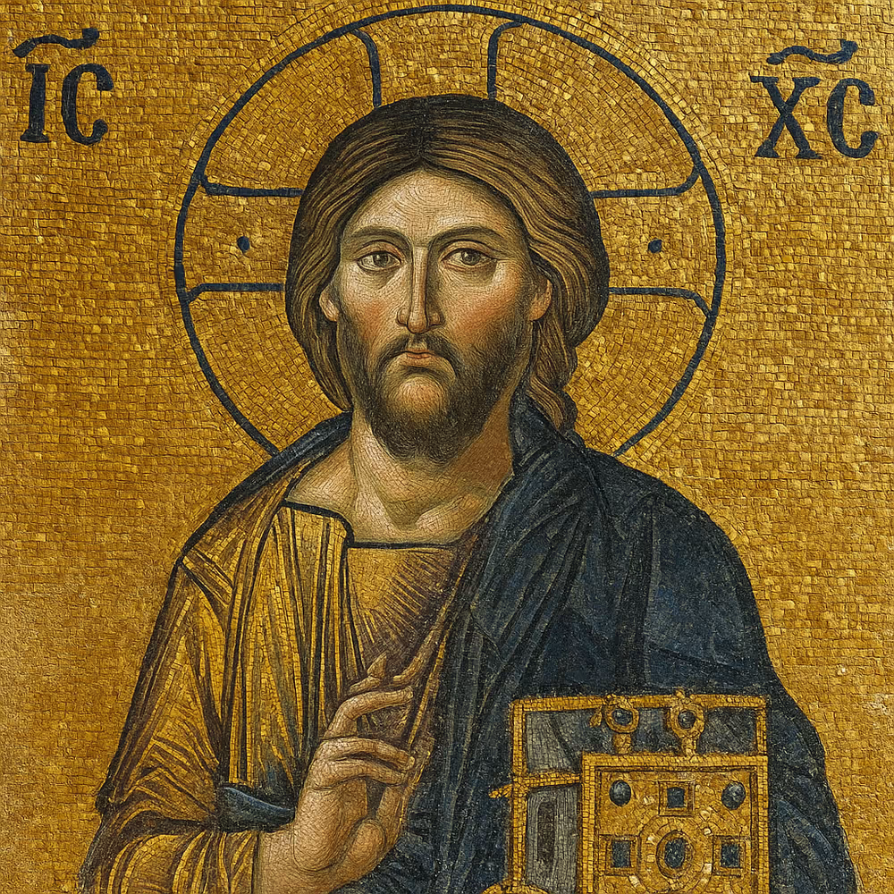 A detailed Byzantine mosaic from Ravenna showing Christ in regal robes with a halo, symbolizing divine authority and imperial branding.