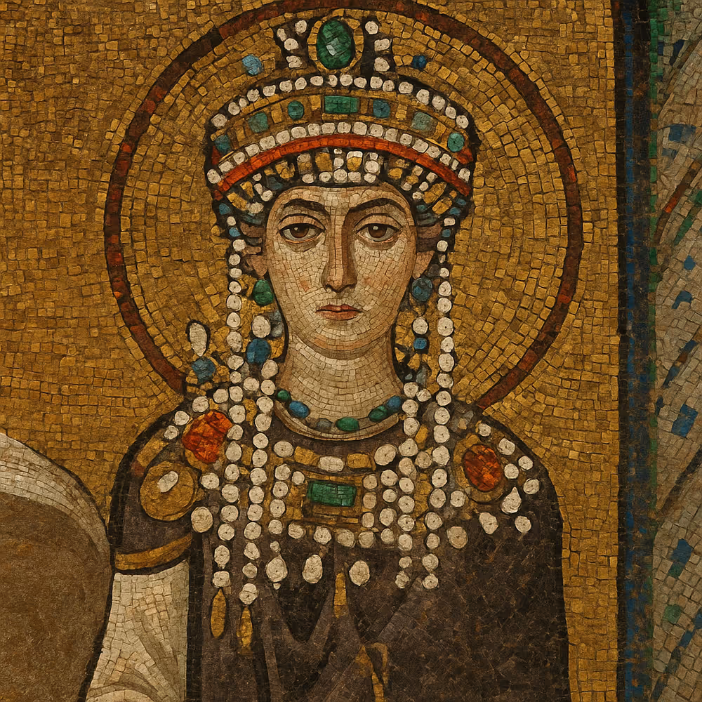 Empress Theodora in jeweled robes—Byzantine mosaic portrait showing female influence on imperial image.