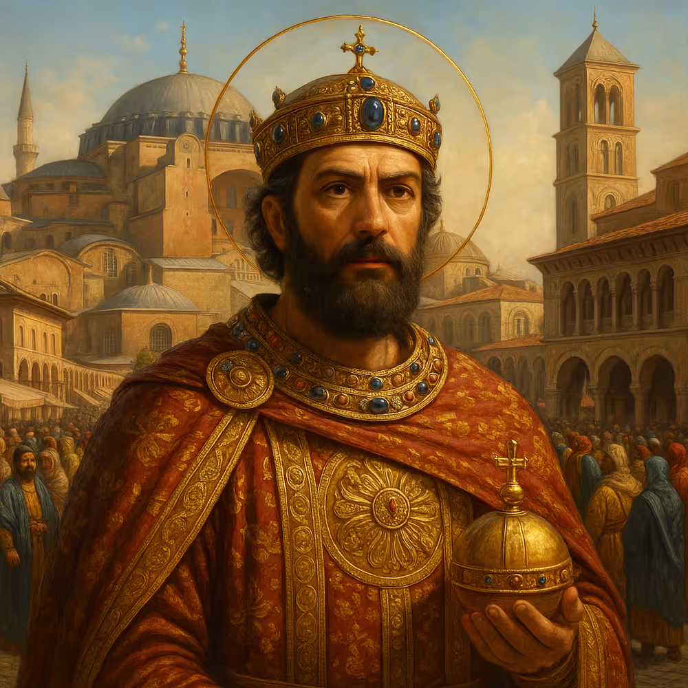 Regal Byzantine emperor addressing a public square—visual storytelling as leadership strategy.