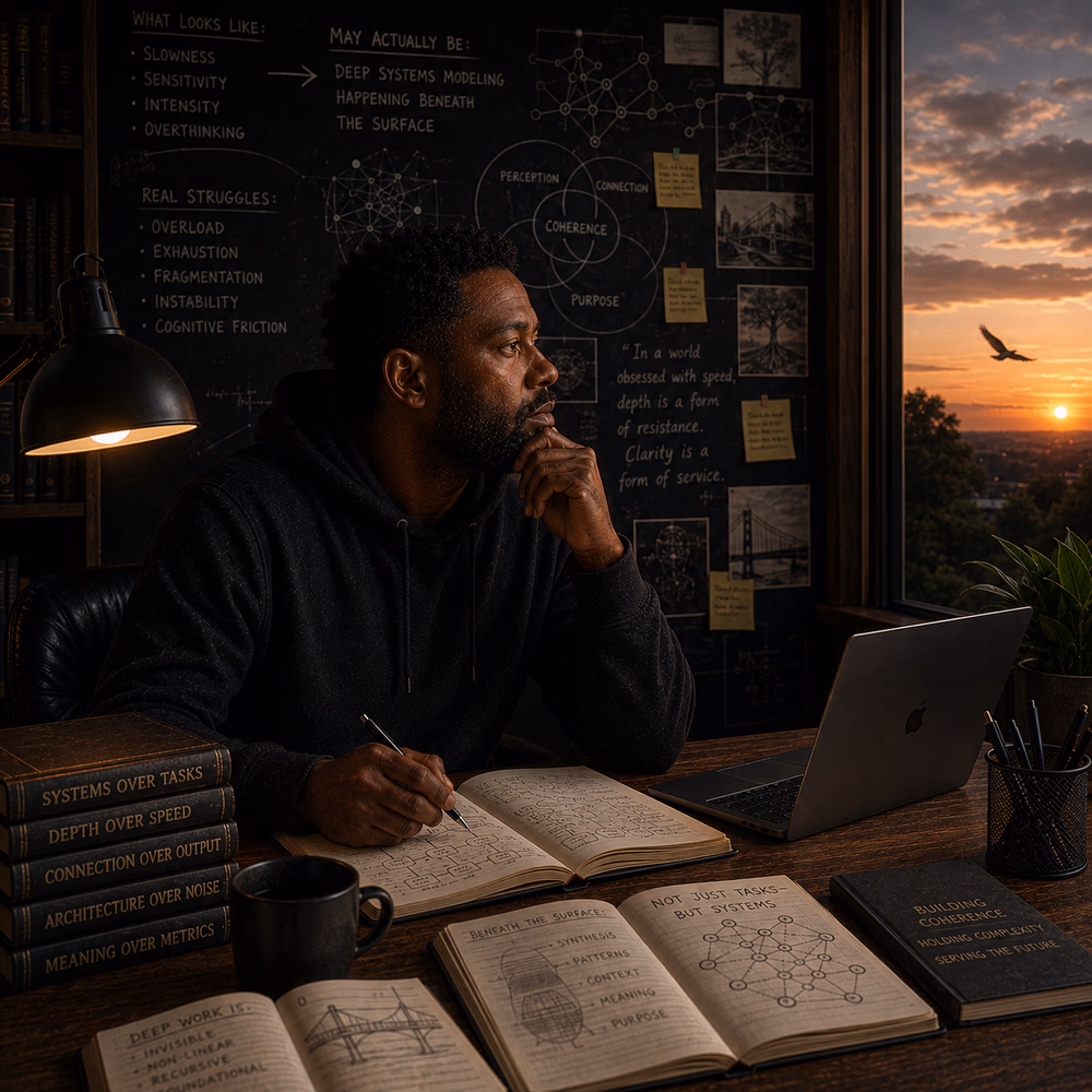 Black strategist reflects at dusk beside interconnected notes and diagrams, exploring depth, systems, and coherence.