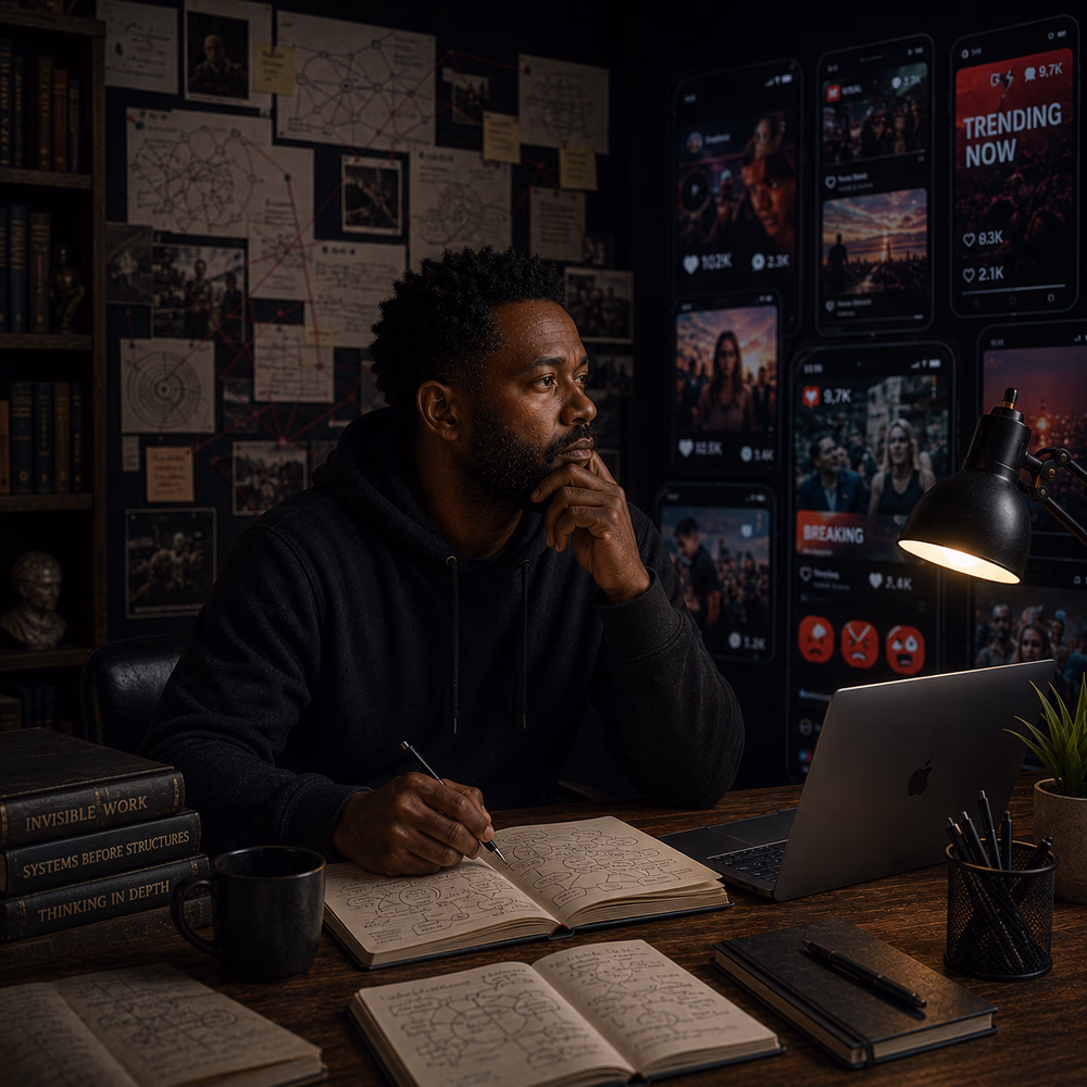 Black strategist reflects beside viral feeds and hidden system maps, exploring invisible cognitive labor online.