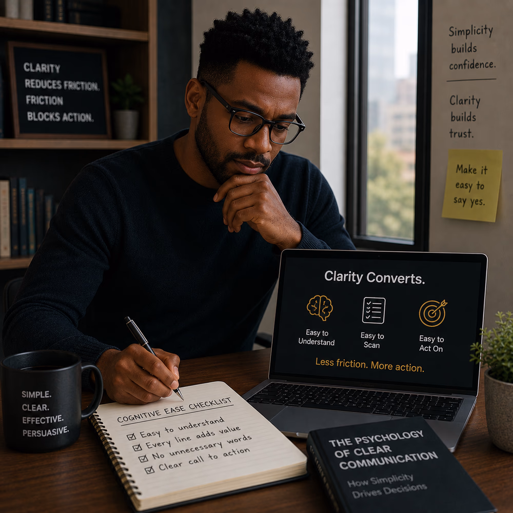 Black copywriter simplifies messaging at a modern desk, showing how clarity and cognitive ease improve conversions.