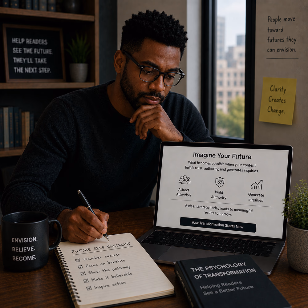 Black copywriter envisions future success, illustrating how transformation-focused messaging inspires action.