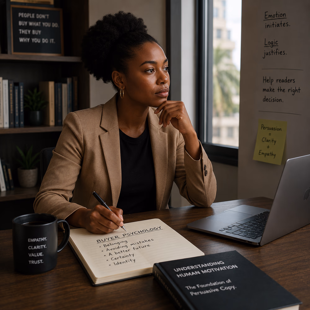 Black copywriter reflects at her desk, illustrating how empathy and buyer psychology shape ethical persuasion.