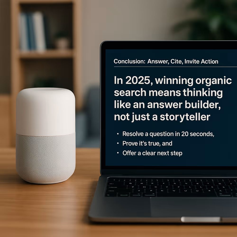 Smart speaker and open laptop on a wooden desk showing a checklist: concise answers, proof, and clear calls to action.
