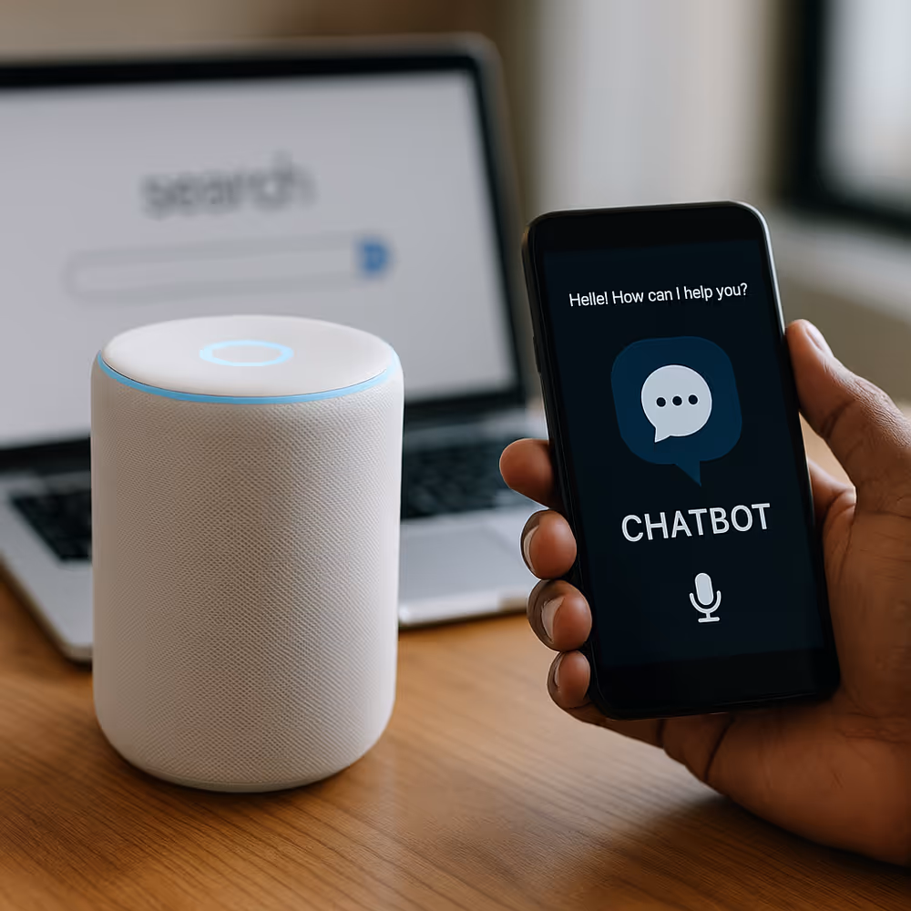 Smart speaker with blue LED ring next to a smartphone chatbot UI and a laptop search bar, representing voice and chat interfaces.