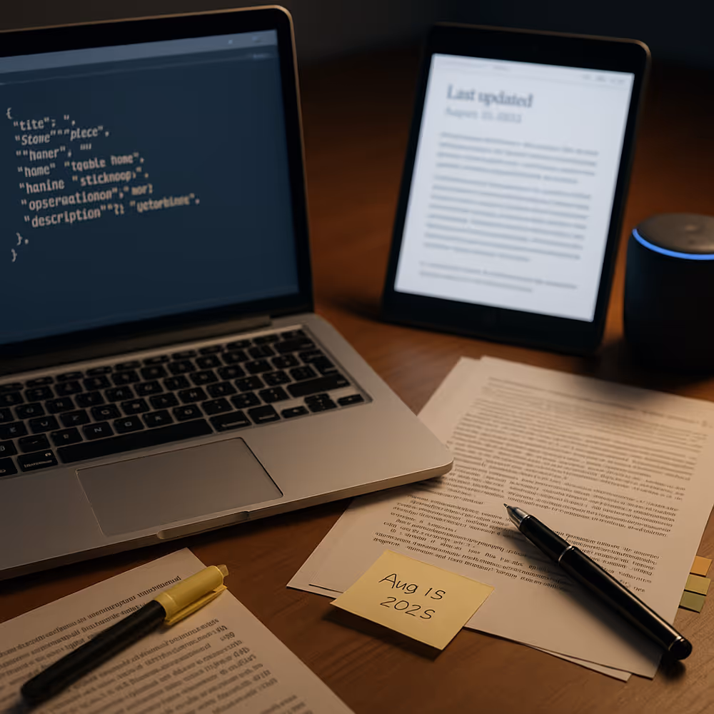 Laptop with JSON-LD markup, tablet showing 'last updated' date, smart speaker, and printed research sources on a desk.