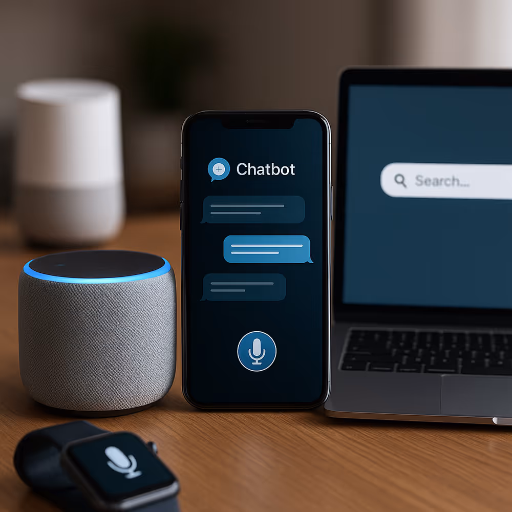 Lineup of modern voice and chat devices: smart speakers, in-app assistants, car displays, wearables, and customer service chatbots.
