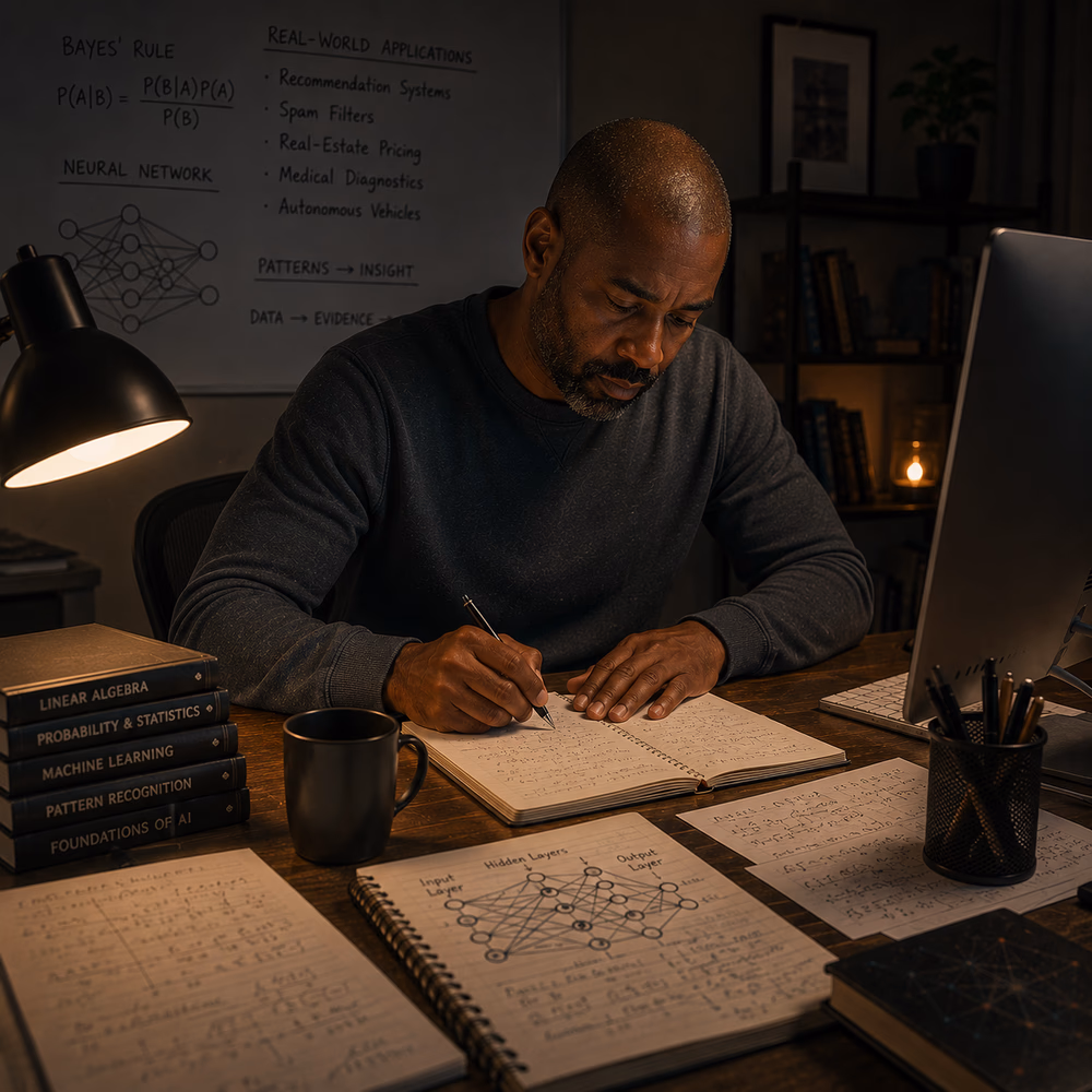 Middle-aged Black man reflects on resilience and AI learning, rebuilding confidence through persistence and adaptability.