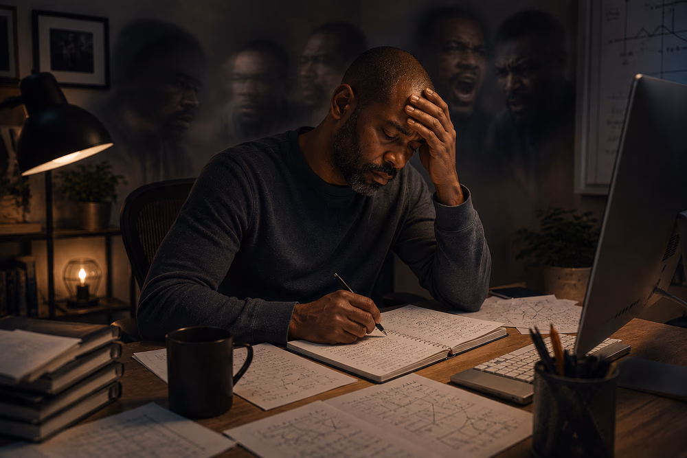 Middle-aged Black man studies late at night while battling intrusive hallucinations, exhaustion, and fractured focus.