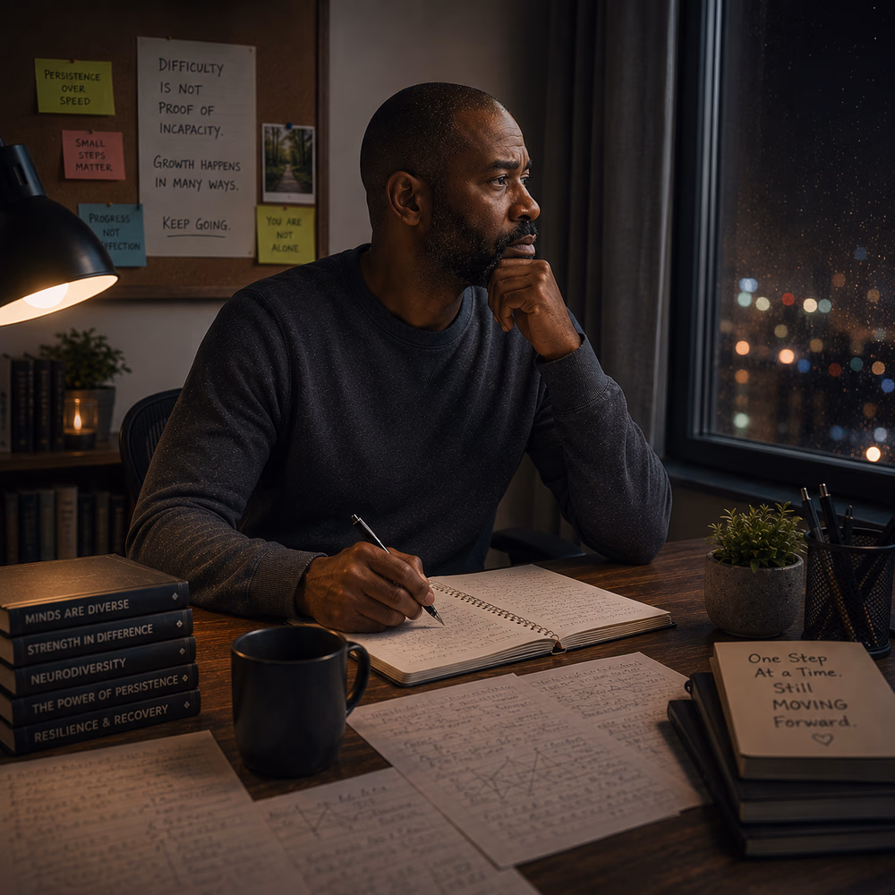 Middle-aged Black man studies quietly at night, reflecting on resilience, neurodiversity, and unseen personal growth.