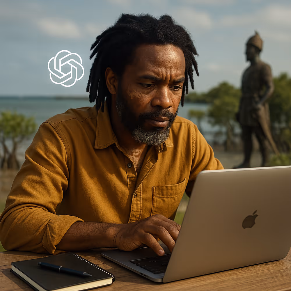 Strategist at a minimalist desk working on a laptop, symbolizing human-led strategy in the AI era.