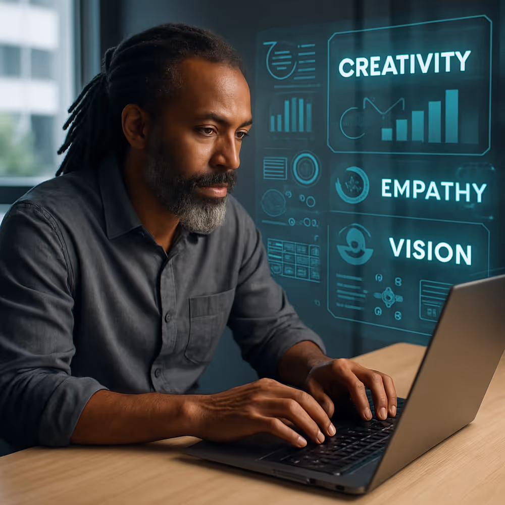 Writer at a softly lit desk typing, representing the future of human-led creativity and foresight.