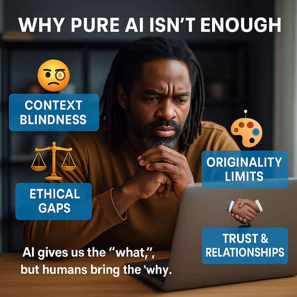 Diagram showing AI’s limits in context, ethics, originality, and trust.