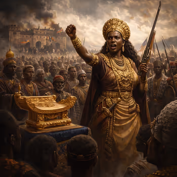 Depiction of Yaa Asantewaa rallying Asante leaders beside the Golden Stool, asserting constitutional authority during anti-colonial resistance.