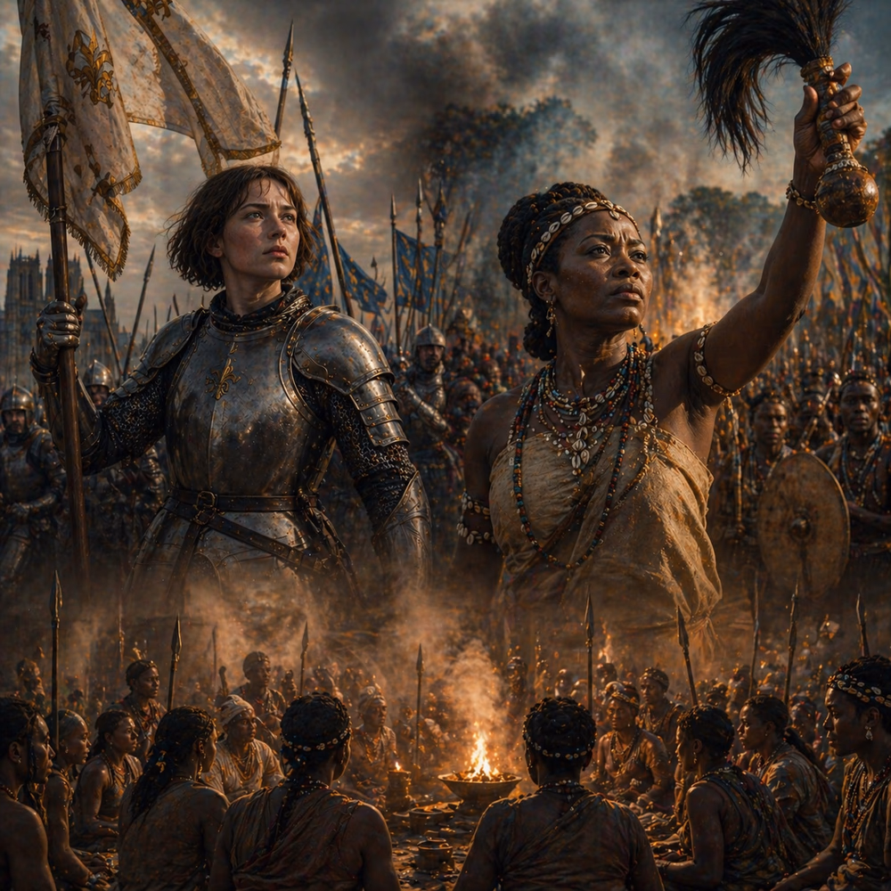 Joan of Arc and Mekatilili rally forces in battle and ritual, symbolizing charismatic female power emerging in moments of crisis.