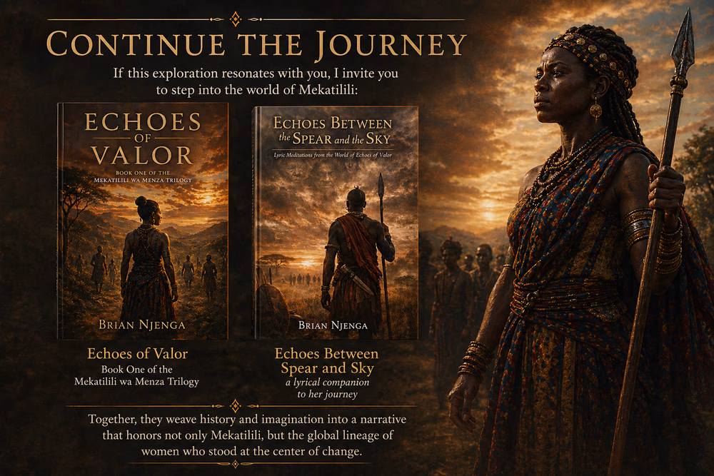 Mekatilili stands at sunset with spear beside her people, evoking her story and companion works within a broader lineage of women leaders.
