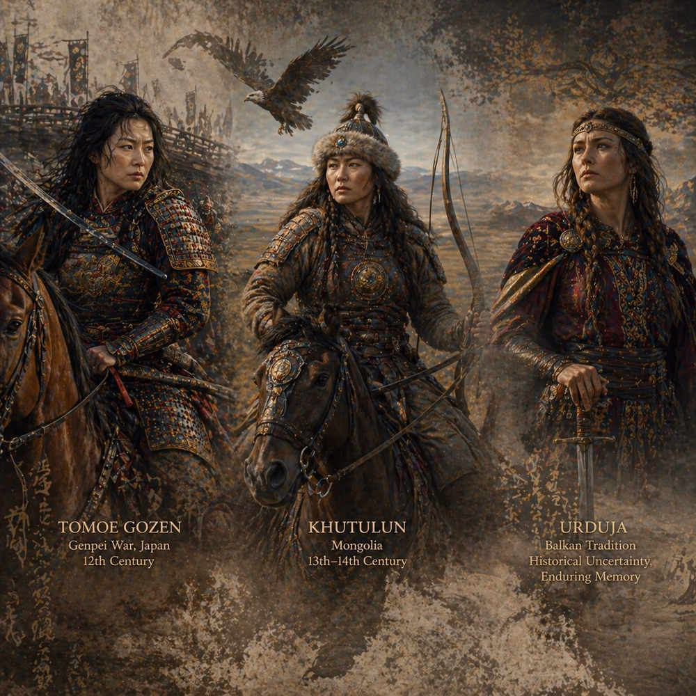 Tomoe Gozen, Khutulun, and Urduja depicted as warrior figures, embodying legendary women whose memory endures beyond historical record.
