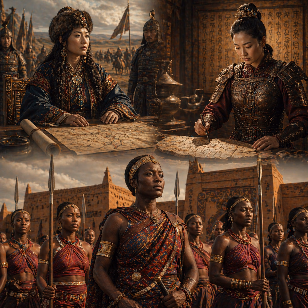 Female leaders across cultures—Mongol governor, Chinese general, Dahomey warriors—showing institutional power where women were expected to lead.