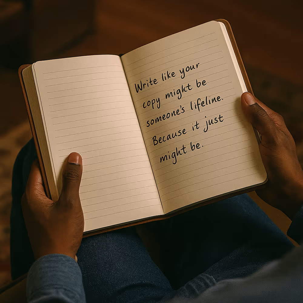 Hands holding a journal page that reads “Write like your copy might be someone’s lifeline.