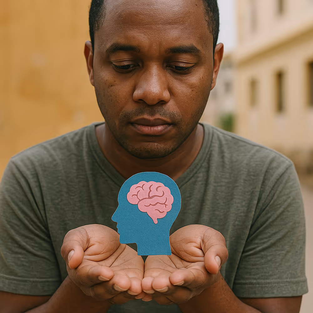 Portrait of an African man holding a paper brain silhouette near his head, symbolizing mental health awareness and compassionate communication.