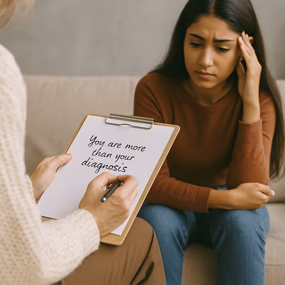 Therapist writing “You are more than your diagnosis” while counseling a reflective young woman.