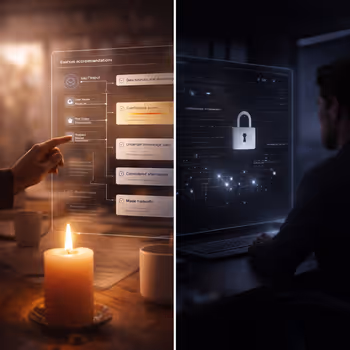 Two professionals evaluating AI output, one with contextual insights, the other, an opaque output, representing accountable and interpretable systems.