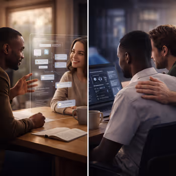 Collaborative discussion alongside visible AI explanations symbolizing trust through design transparency.