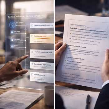 Two users, one reviewing annotated AI output with confidence indicators, while the other recei illustrating human-centered explainability.