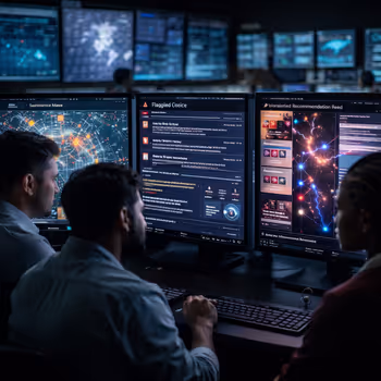 Control room studies AI outputs as screens reveal surveillance maps, flagged voices, and polarized recommendation flows.