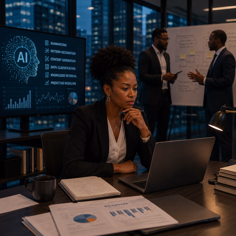 Black executive evaluates AI-generated insights, balancing rapid analysis with context, ethics, and human judgment.