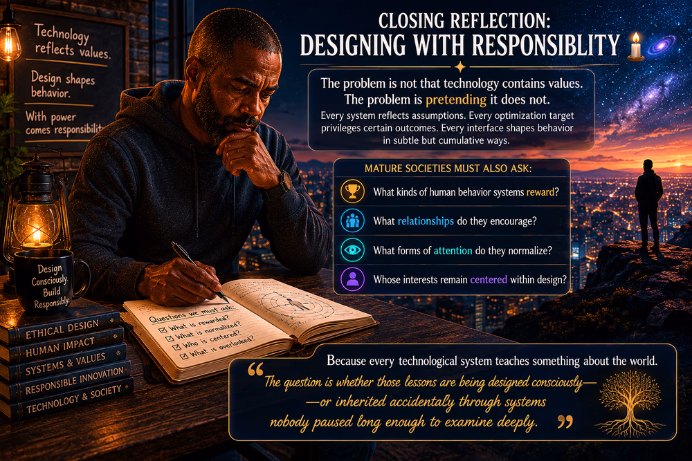 Black thinker reflects by candlelight on ethical design, responsibility, and how technology quietly shapes human behavior.